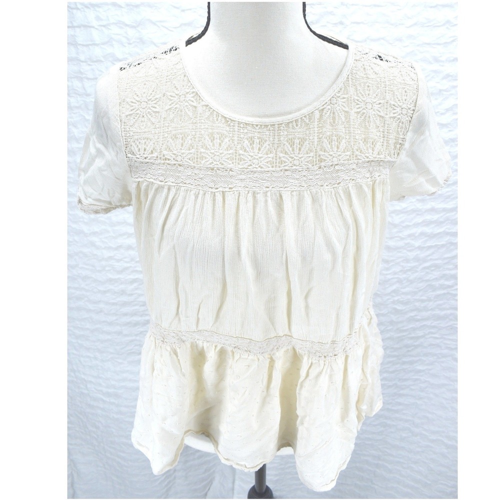 Xhilaration Ivory Lace Babydoll Top Swiss Dot Gauze Boho Blouse Cream Medium